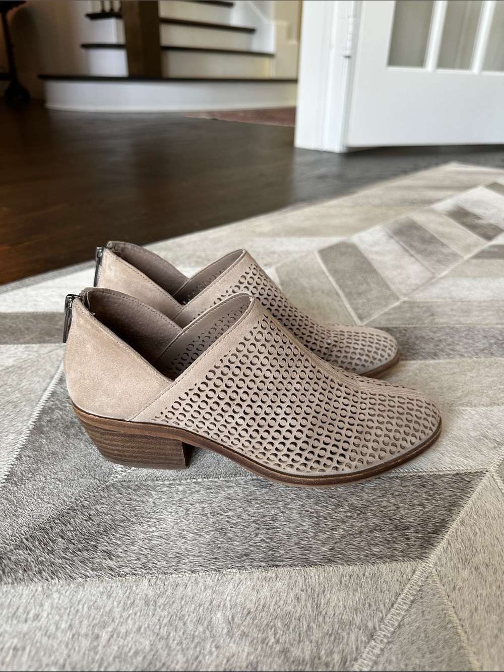 Vince Camuto Taupe Perforated Suede Mules